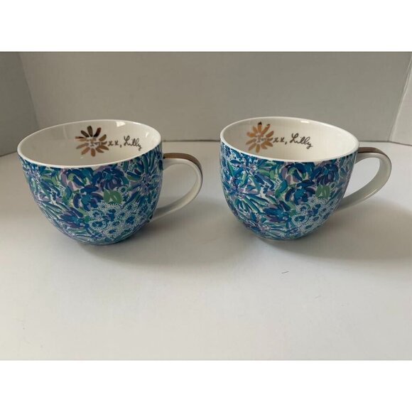 LILLY PULITZER Hidden Cat Floral Set of 2 Coffee Mug 12 oz Blue Purple Gold Trim - Picture 1 of 7